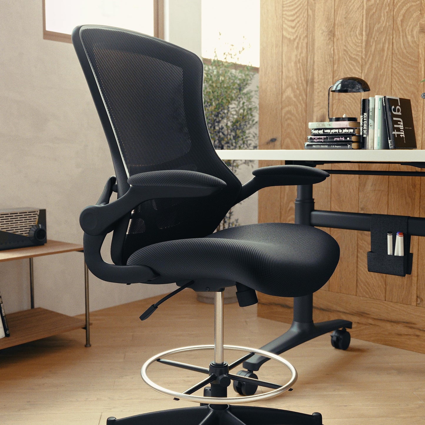 Flash Furniture Kelista Mid-Back Swivel Office Chair with Adjustable Seat Height, Ergonomic Mesh Desk Chair with Flip-Up Armrests, Black