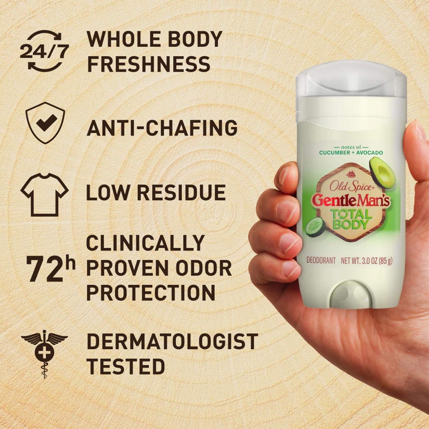 Old Spice Whole Body Deodorant Stick for Men, 3 Pack, Aluminum Free, Cucumber + Avocado Scent, 24/7 Odor Protection, Dermatologist Tested, Gentle on Skin, Safe to Use All Over, 3.0 oz