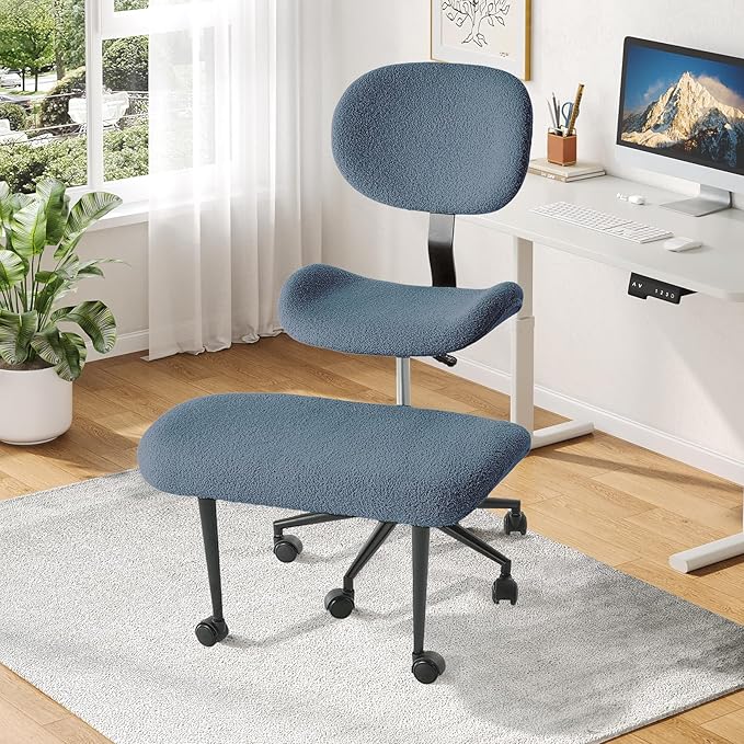 Cross Legged Office Chair with Wheels for ADHD, Ergonomic 360° Swivel Height-Adjustable Meditation Chair for Yoga, Wide Kneeling Chair with Strong Lumbar Support, Teddy Fabric, Blue