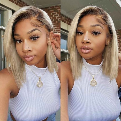 Orijodie 180% Density Ombre Ash Blonde Bob Wig Human Hair 13x4 HD Invisible Front Wigs for Women Grey Ash Blonde Glueless Straight Bob Wig with Dark Roots Bleached Knots 14 Inch
