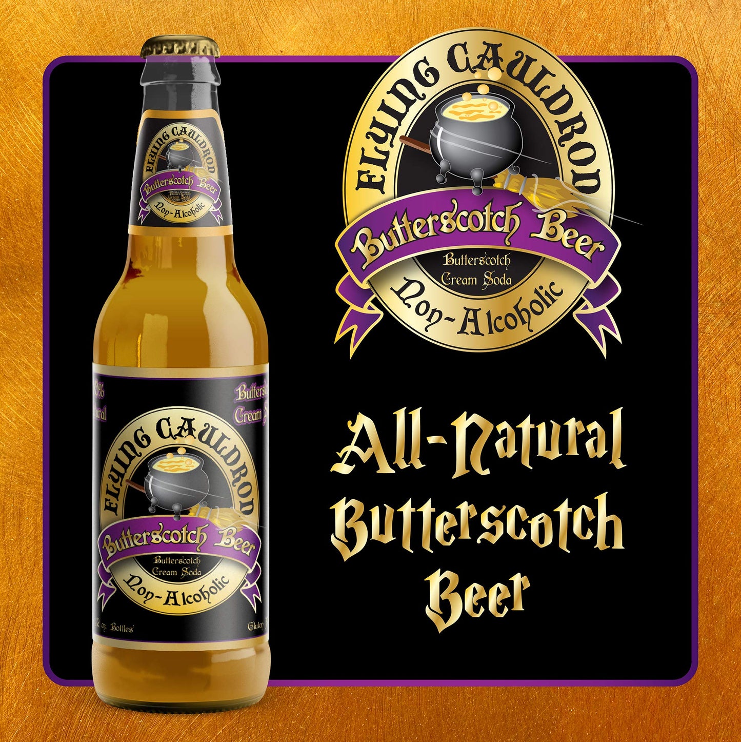 Flying Cauldron Butterscotch Beer, 12 Fl Oz (Pack of 4), Vanilla Cream Soda Brew, All- Natural, Non-Alcoholic and Caffeine free.