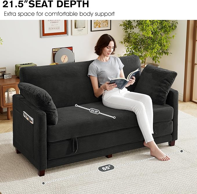 kakuboohi 65" Loveseat Sleeper Sofa Bed, Corduroy Convertible Sofa Bed for Small Spaces, Folding Couch Bed with Deep Seat, 2 Pillows & Solid Frame, Pull Out Floor Couches for Living Room, Black