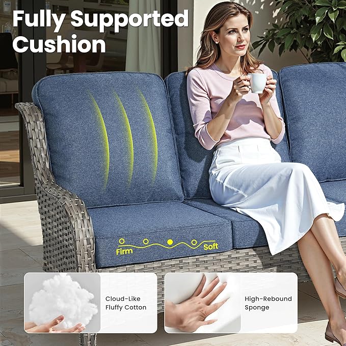 ovios 5 Pieces Patio Furniture Set, Outdoor Wicker Sofa Couch with Swivel Chairs 42" Fire Pit Table, High Back Modern All Weather Conversation Sets, Grey Rattan, Denim Blue