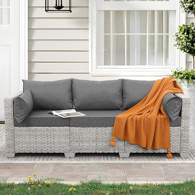 WAROOM Outdoor Couch 3 Seater Wicker Patio Sofa Grey Rattan Deep Seat Balcony Furniture Porch Seating with Grey Cushion