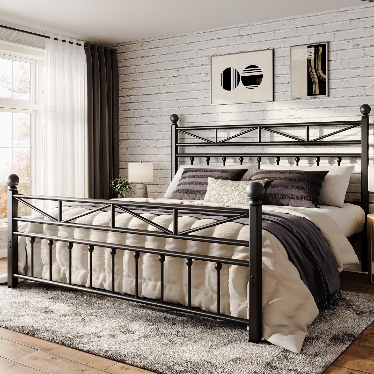 EnHomee 54" Contemporary Metal Bed Frame Queen Size with Tall Headboard, LED Light Queen Size Bed Frame, Sturdy Metal Slats Support with Under Bed Storage/Easy to Put Together/Black