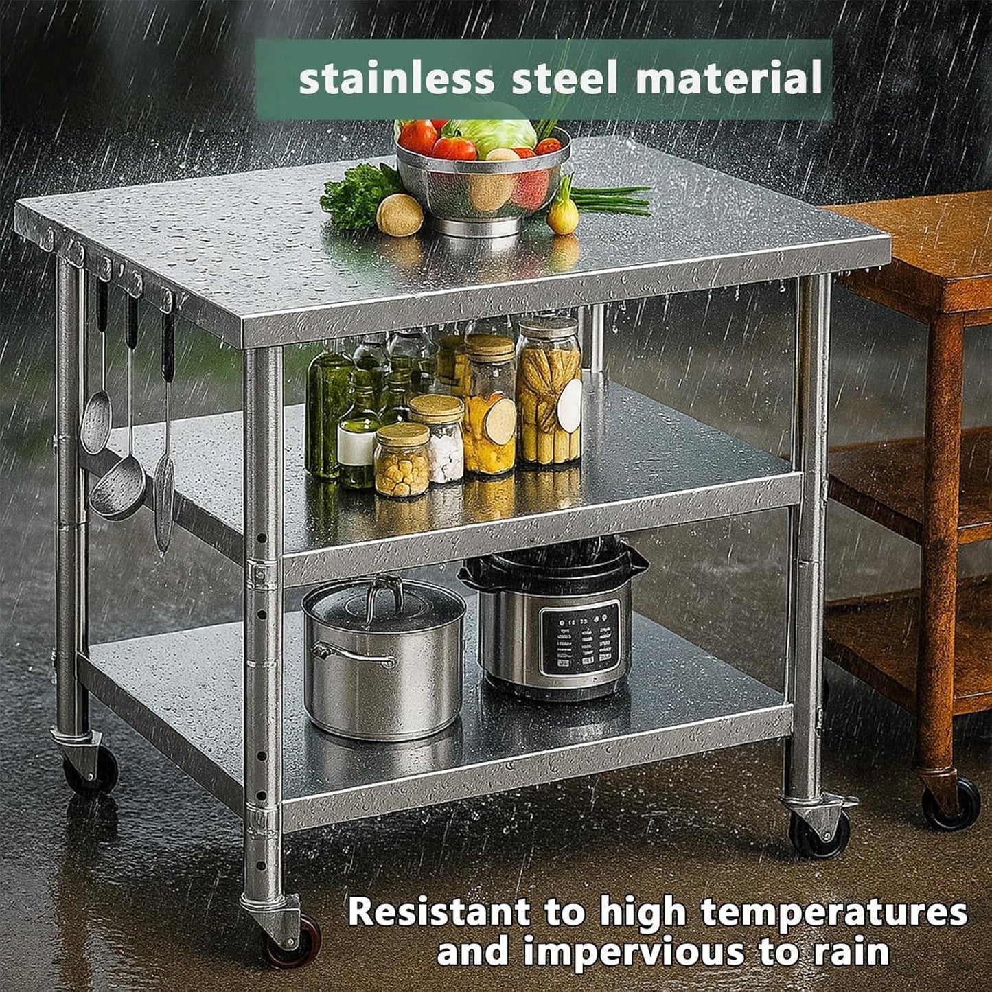Stainless Steel Table with Wheels for Food Preparation and Work, Multi-Size Optional, Three-Layer Variable Two-Layer Metal Commercial Workbench Outdoor, Restaurant, Kitchen (28" Lx24 Wx34 H)
