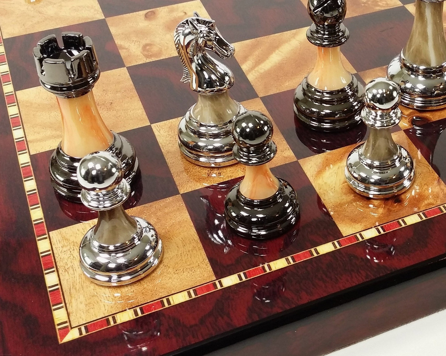 Staunton Chrome & Black Chrome Chess Men Set W 18" Gloss Cherry Color Board