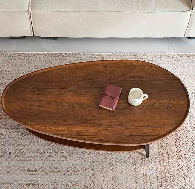 Saint Mossi Oval Wood and Rattan Coffee Table for Living Room, Mid-Century Modern Wood Coffee Table, Center Table for Small Space, Wanlut and Rattan Board, D47xW23.6xH15