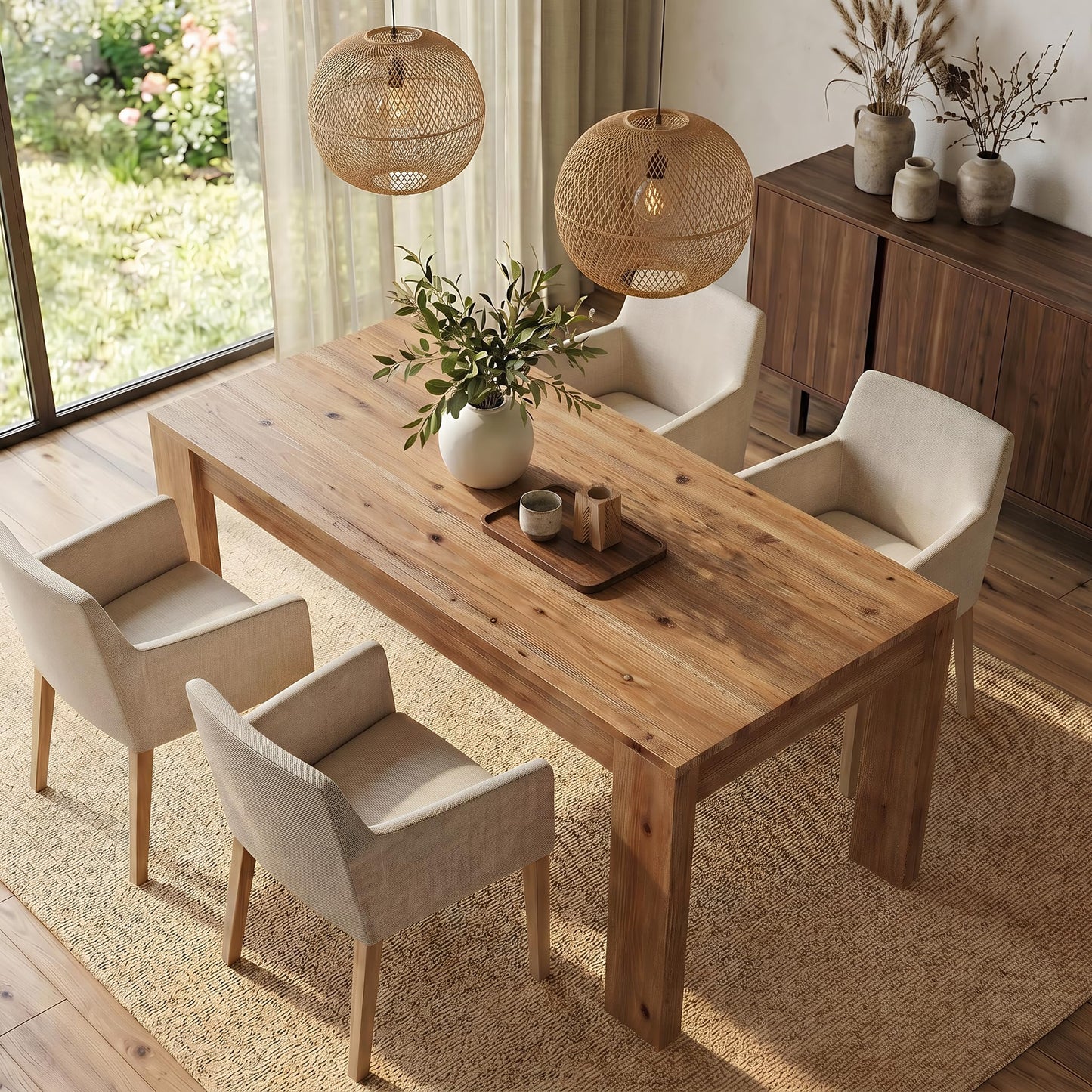 LITTLE TREE 55.12" Solid Wood Rectangular Dining Table, 30.71" Height Farmhouse Kitchen Table with Thick Legs for 4-6 People, Warm Rustic Brown(Table Only)