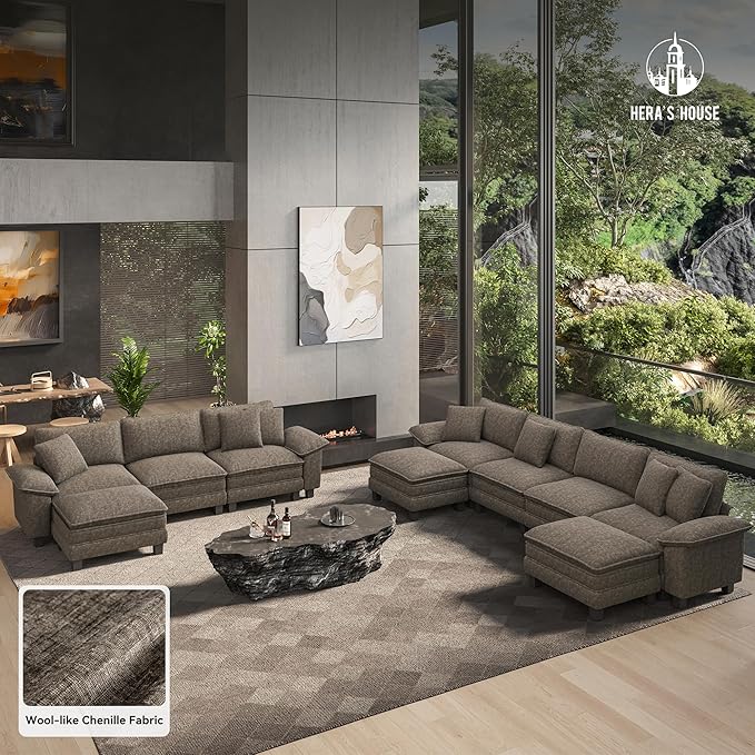HERA'S HOUSE 124" Modular Sectional Sofa, Oversized Couches for Living Room, Comfy Cloud Couch 3-Seater Deep Seat Sofa with Throw Pillow, Chenille Ash
