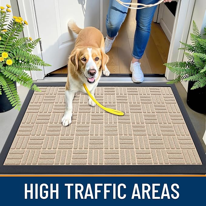 OLANLY Front Door Mat Outside Entrance 29.5x17, Absorbent, Heavy Duty Sturdy Natural Rubber Doormat Indoor Outdoor, Non-Slip, Stain and Fade Resistant, Low Profile Floor Mat for Entryway, Latte White