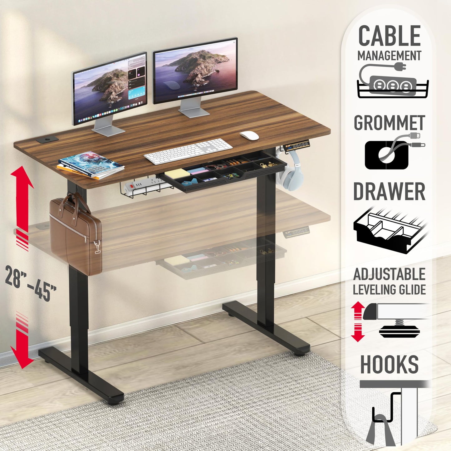 SHW 48-Inch Electric Height Adjustable Standing Desk with Drawer, Memory Preset and Cable Management Tray, Walnut