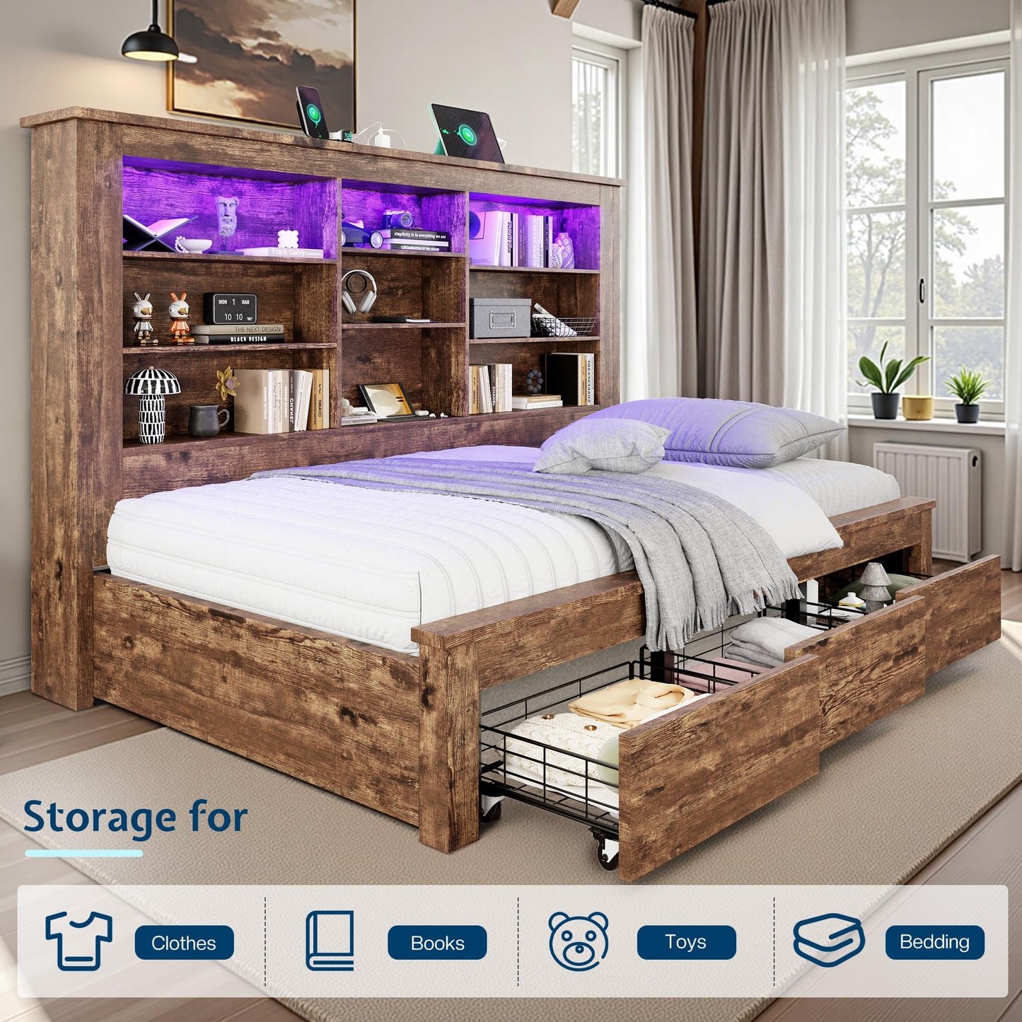 Jocisland Twin Daybed with Bookcase Headboard, USB-C Charging, RGB Lights & 3 Drawers, No Box Spring Needed, Wood Bed Frame for Teens, Dorms, Guest Room, Rustic Oak
