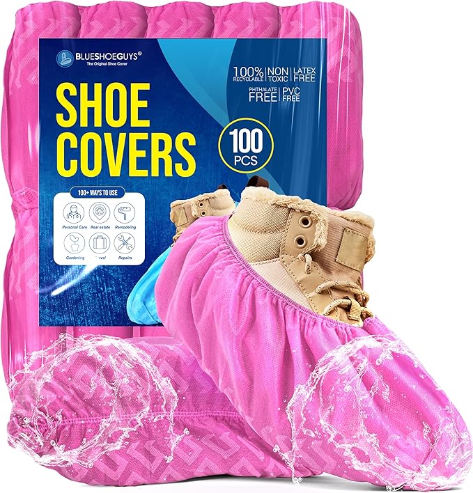 Premium Disposable Boot & Shoe Covers Booties | 100 Pack | Durable, Non-Slip, Non-Toxic, Water Resistant, Recyclable Protectors for Indoor & Outdoor | Large Size Fits Most Shoes (Pink)