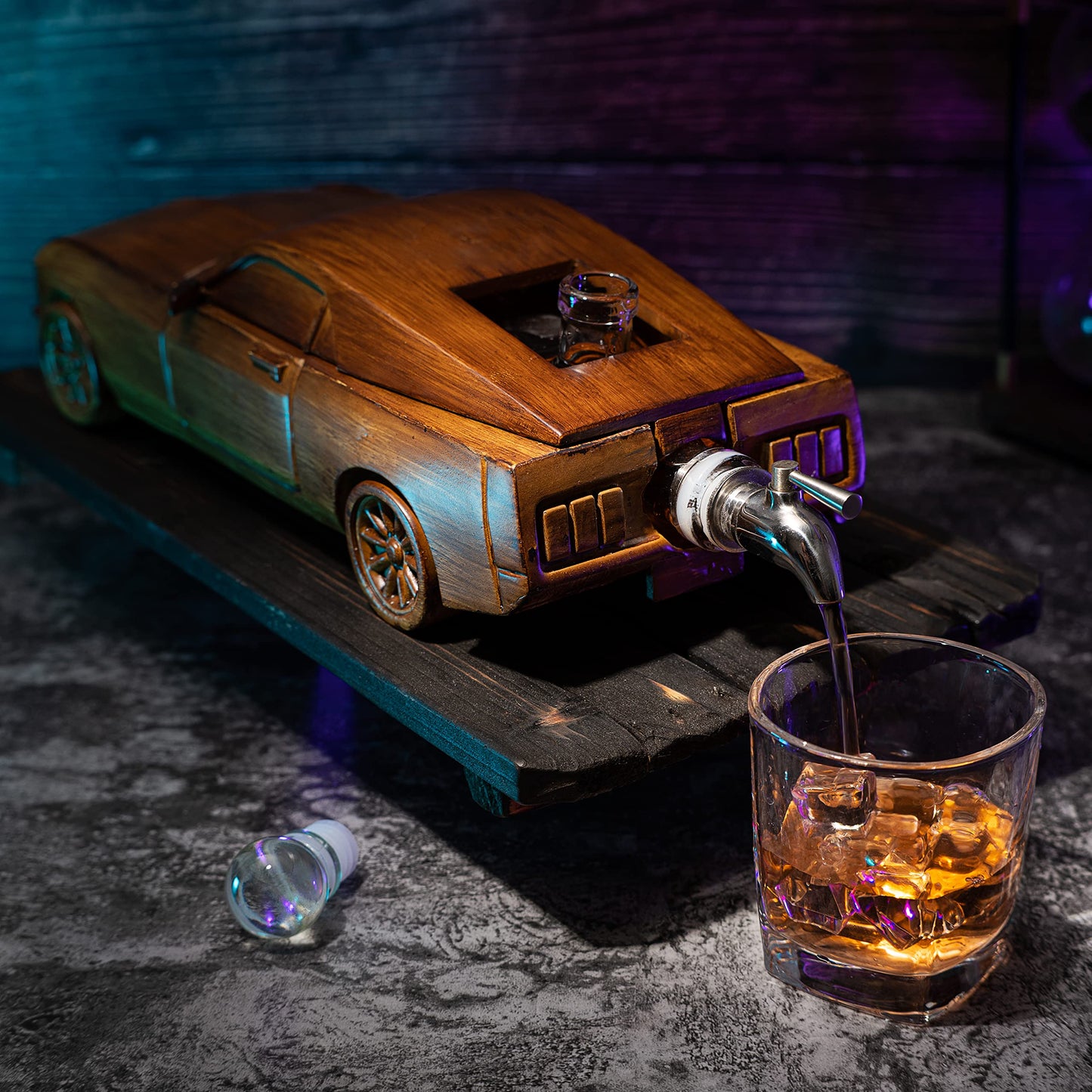 Car Whiskey & Wine Decanter Set 500ml - Very Large 13" L - Gifts, Wooden Car Mustang, Fastback Maisto Car Limited Edition, Great Bar Gift!