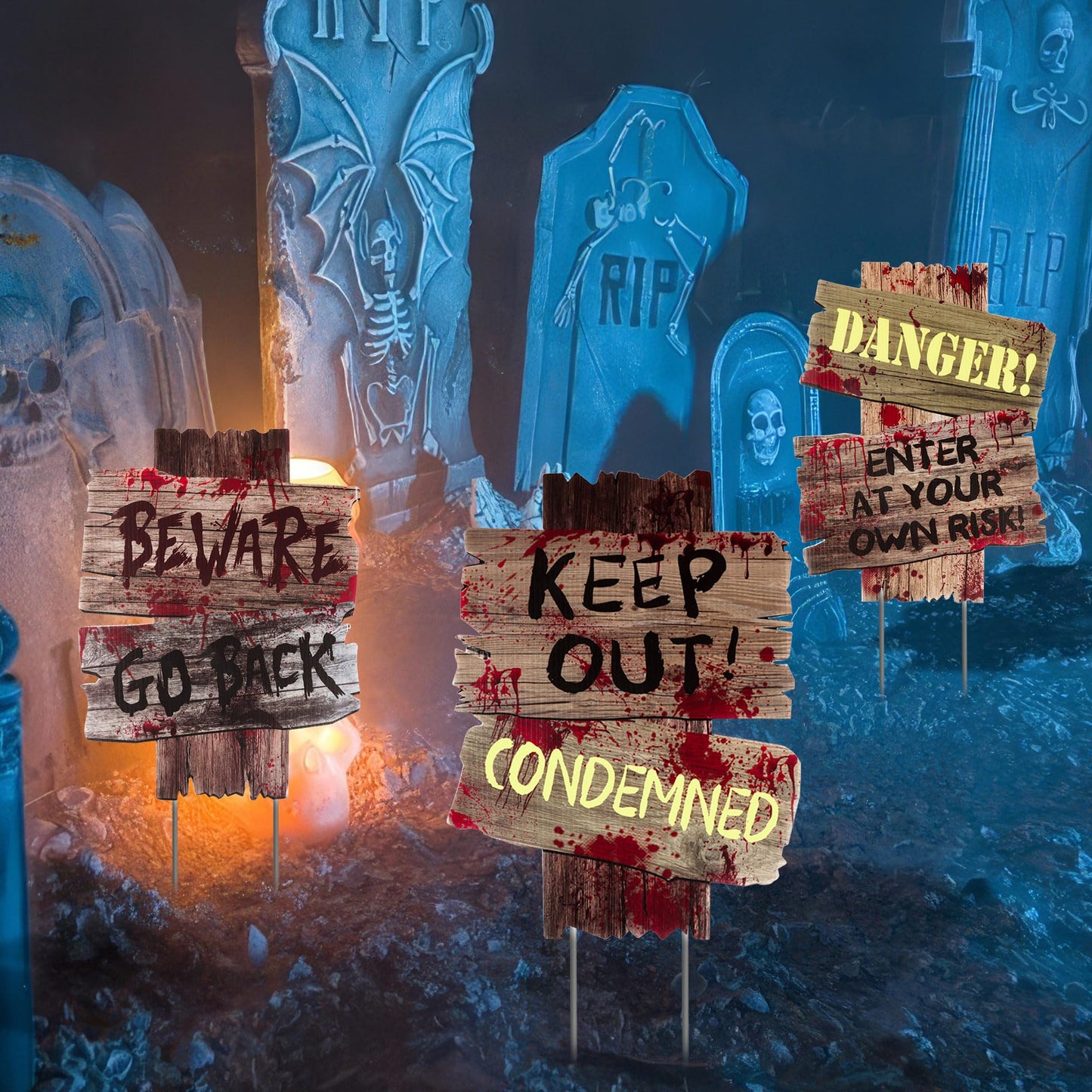 Halloween Decorations Outdoor Yard Signs Stakes,3 Pieces Beware Halloween Sign,Scary Warning Sign 2025 Halloween Zombie Vampire Graves Theme Party Decor Supplies,12" x 9"