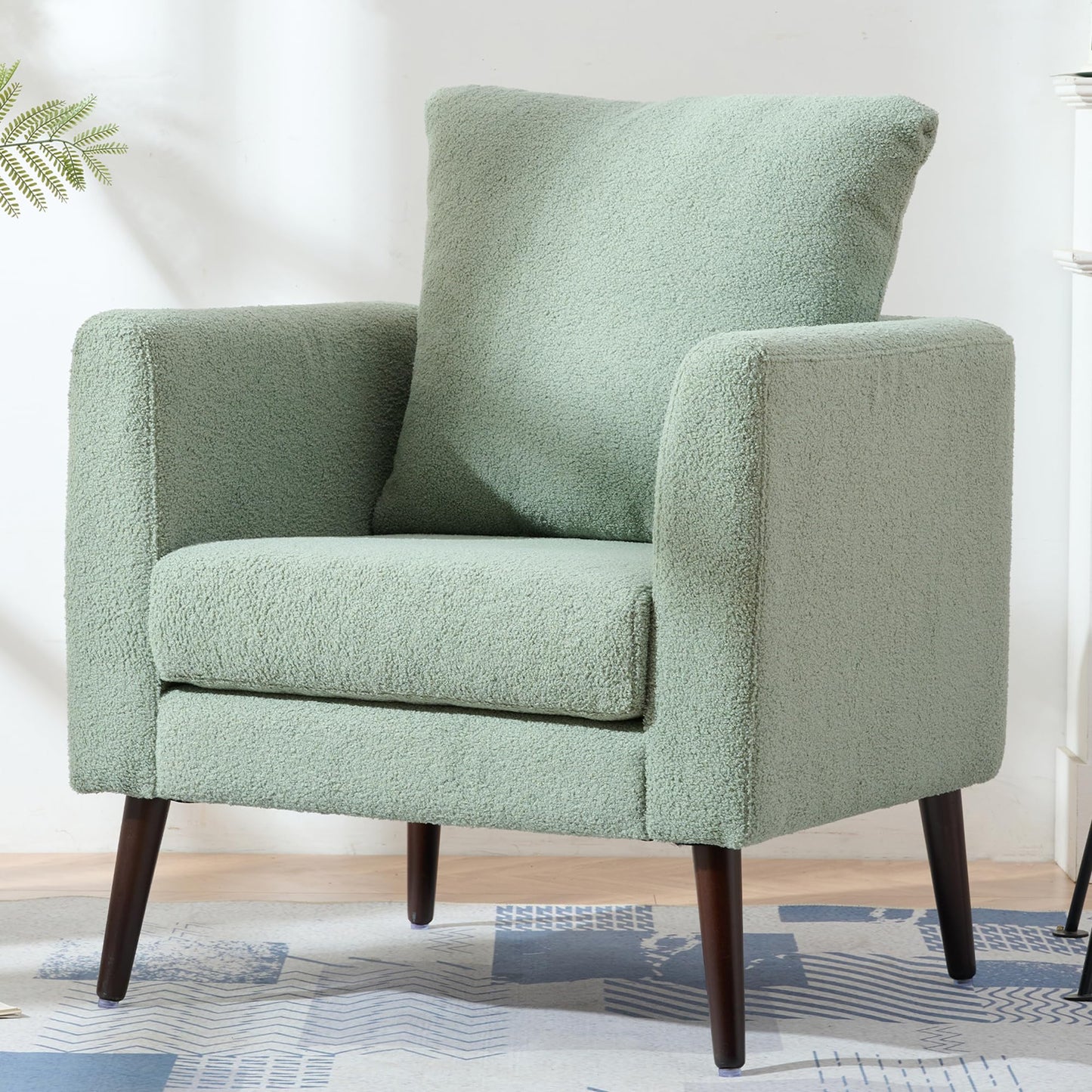 QKFF Barrel Accent Chair with Back Pillow, Large Teddy Upholstered Armchair with Solid Wood Legs Modern Reading Chairs for Living Room Bedroom