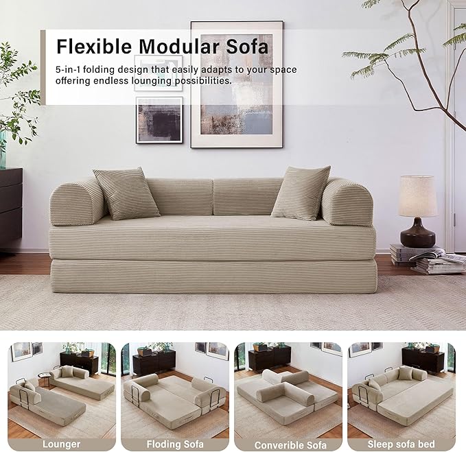 79" 5-in-1 Folding Convertible Sofa Bed, Oversized Corduroy Futon Floor Couch with Pull-Out Sleeper, Modular Boneless Loveseat for Small Spaces, Living Room, Bedroom (Beige)