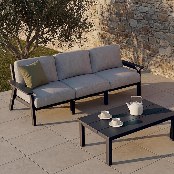 Patio Kingdom Patio Furniture Set 3 Seats, HDPE Outdoor Sectional with Washable Gray Thick Cushions, Coffee Table & Side Table, Patio Conversation Sets for Lawn, Garden, Porch, Balcony (Black Frame)