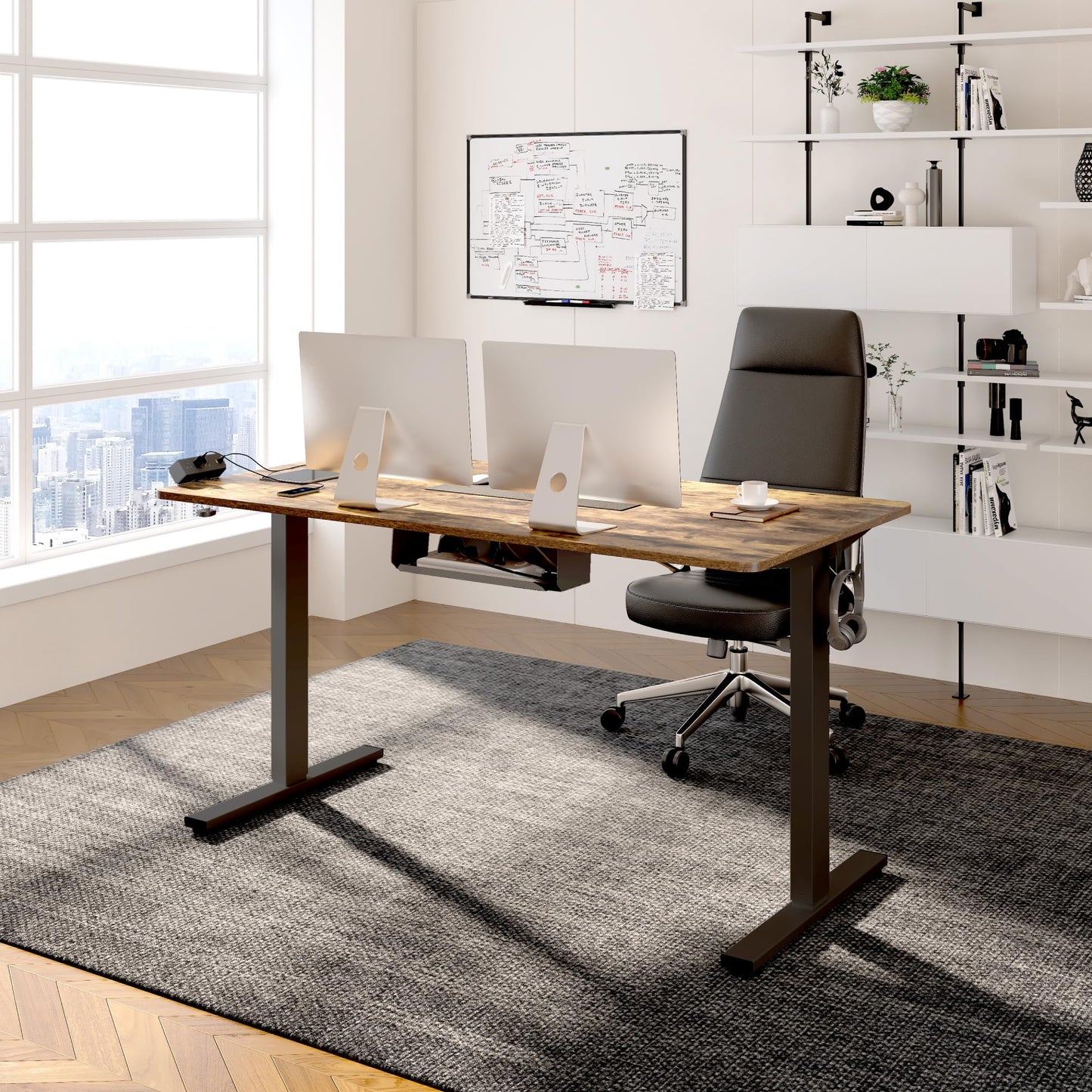 FLEXISPOT EN2 Whole-Piece Standing Desk with Clamp Power Strip, 55 x 28 Electric Stand Up Height Adjustable Desk with Cable Management (Black Frame + 55" Rustic Brown Desktop, 2 Packages)