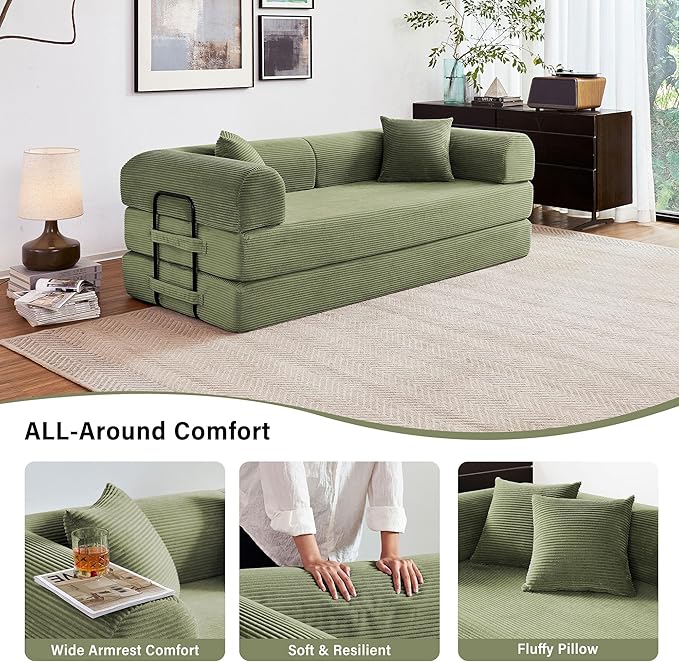 79" 5-in-1 Folding Convertible Sofa Bed, Oversized Corduroy Futon Floor Couch with Pull-Out Sleeper, Modular Boneless Loveseat for Small Spaces, Living Room, Bedroom (Light Green)