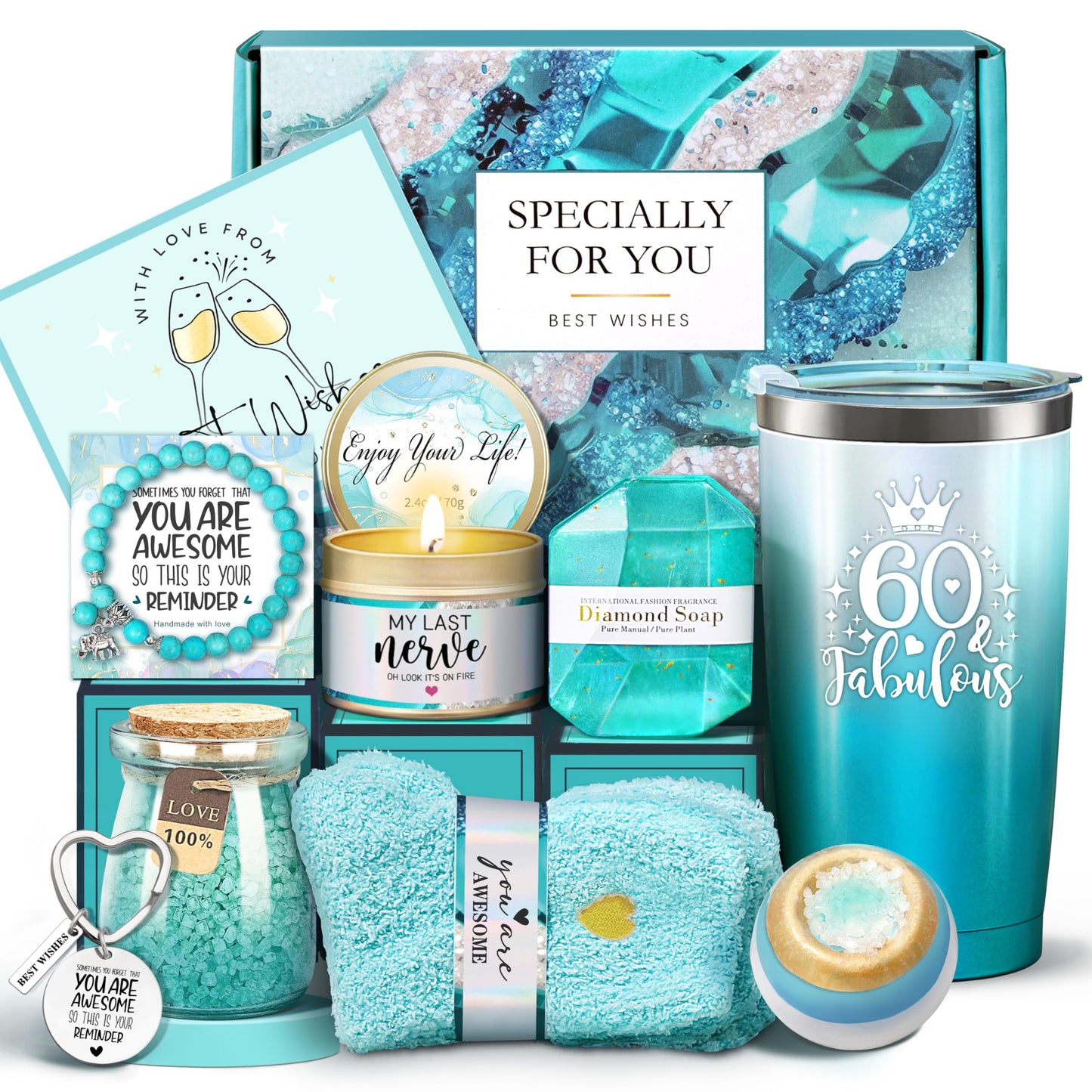 GEMWAVE 60th Birthday Gifts for Women, 60th Birthday Gifts Ideas Baskets, Gift for 60th Birthday Women, 60 Fabulous Tumbler Gift Baskets for 60 Year Old Mom Sister Friend Wife Grandma