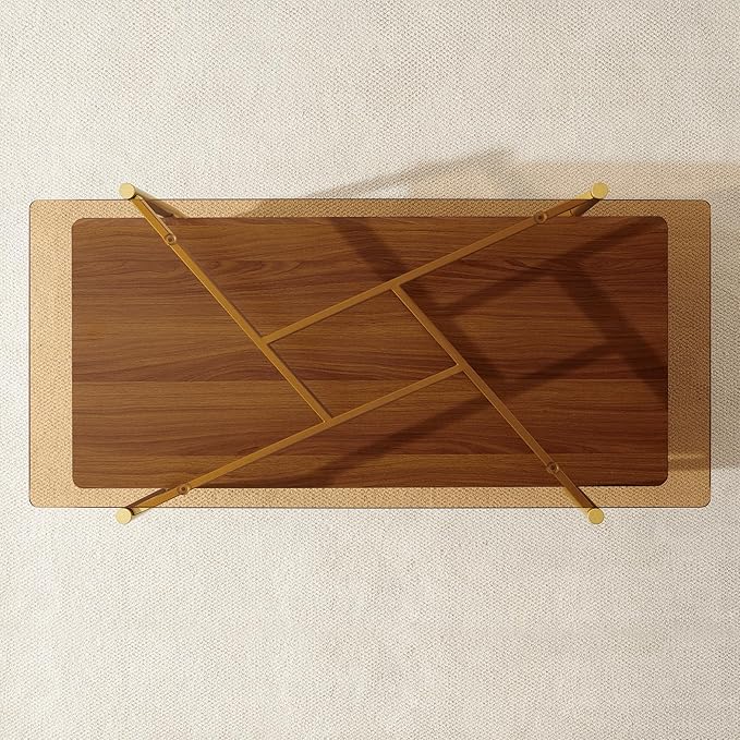 Pine Flicker Rectangle Coffee Table, Mid-Century Modern Design, L41*W21*H17 inch, for Living Room, Amber Glass Top and Walnut Finish Wood Shelf, Conical Metal Legs with Gold Finish