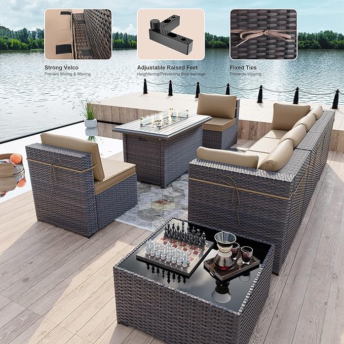 Kullavik 8 PCS Outdoor Patio Furniture Set with 43" 55000BTU Gas Propane Fire Pit Table PE Wicker Rattan Sectional Sofa Patio Conversation Sets,Khaki