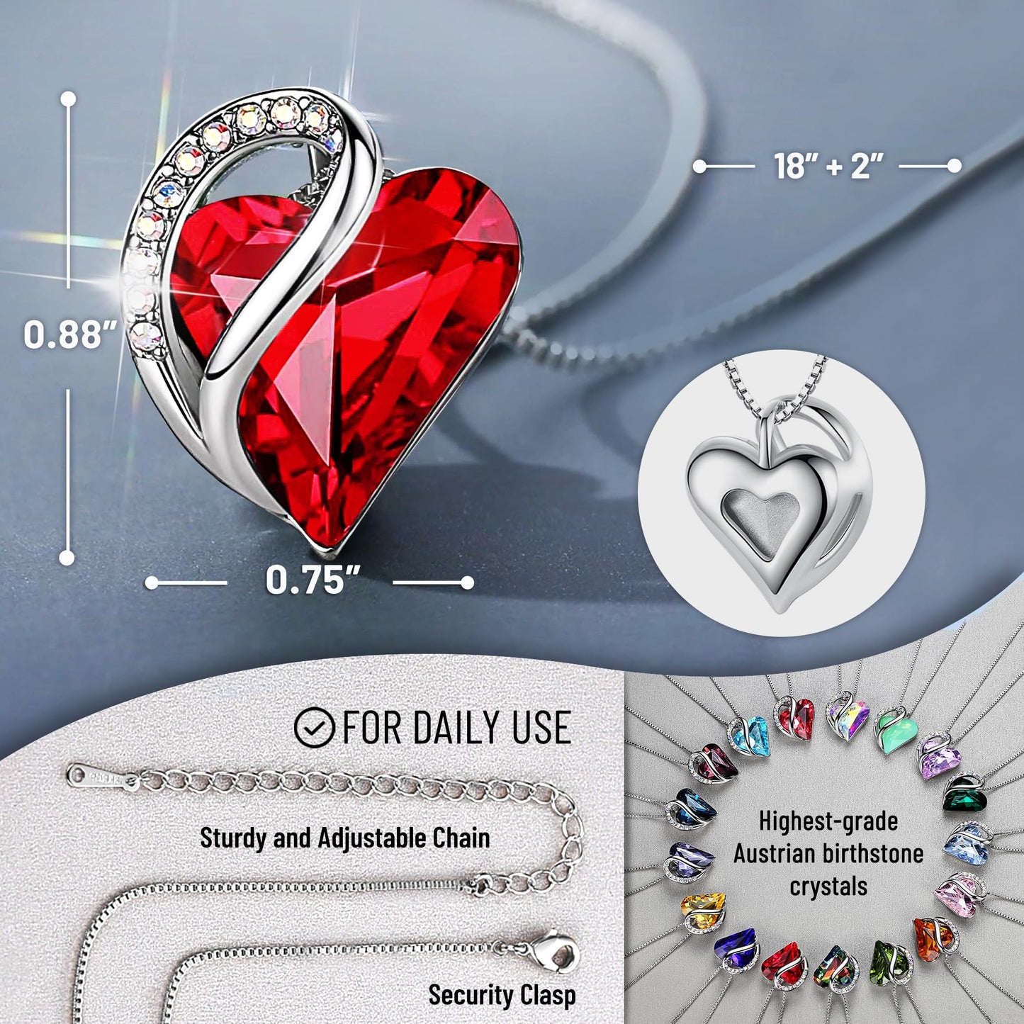 Leafael Necklaces for Women, Infinity Love Birthstone Heart Pendant with Ruby Garnet Red Crystal for January July, Birthday Jewelry Gifts for Her, Mom, and Wife, Silver Plated, 18" + 2" Chain