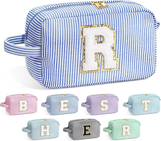 YOOLIFE Initial Makeup Bag for Women - Monogram Cute Large Blue Makeup Bags Cosmetic Toiletry Pouch Make Up Case for Women Her Best Friend Mom Sister Teacher, Personalized Birthday Gifts for Women R