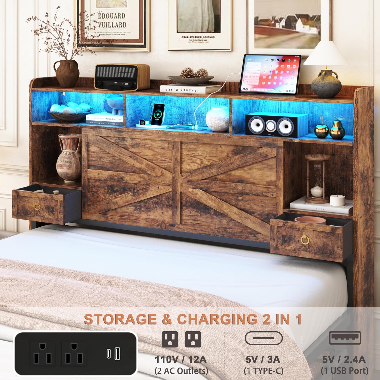 TIGUBFRE Full Bed Frame with 4 Drawers Bookshelf Headboard, Farmhouse Bed Frame with Charging Station & LED Lights, Metal Slats Support, Noise Free, No Box Spring Needed Rustic Brown