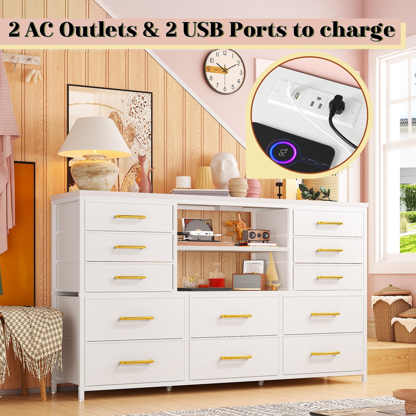 EnHomee White Dresser for Bedroom with 12 Drawers, Fabric Bedroom Dresser with LED Lights & Power Outlets Long Dressers & Chest of Drawers, Sturdy Metal Frame for Closet, Living Room, Hallway