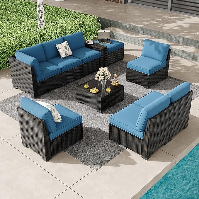 SunloungeCo 9 Pieces Outdoor Patio Furniture Set, Wicker Conversation Sets with Tea Table, Rattan Patio Sofa with Thick Cushions for Garden, Backyard Porch, Poolside,Peacock