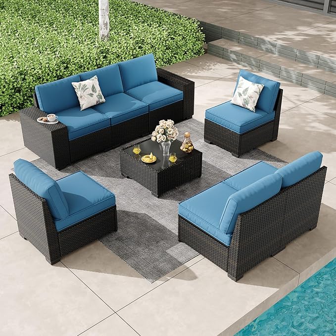 SunloungeCo Patio Furniture Set, 8 Pieces Outdoor Couch Sofa with Wider Armrests & Glass Coffee Table, Outdoor Sectional Furniture with Thick Cushions for Party, Poolside,Garden-Peacock