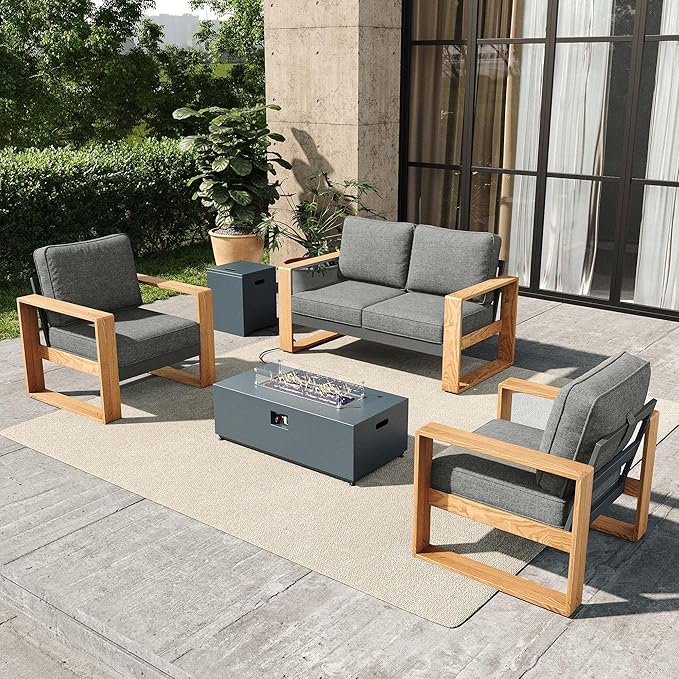 4 Pieces Aluminum Patio Furniture Set, Outdoor Conversation Sets with High Backrest Sofa and Fire Pit Table for Garden and Backyard