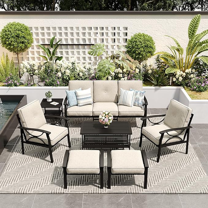 FansaFurn 7-Pieces Outdoor Patio Furniture Set, Outdoor Metal Sectional Furniture with Cushions, Outdoor Conversation Seating Set with Coffee Table for Garden, Backyard, Balcony, Deck, Black