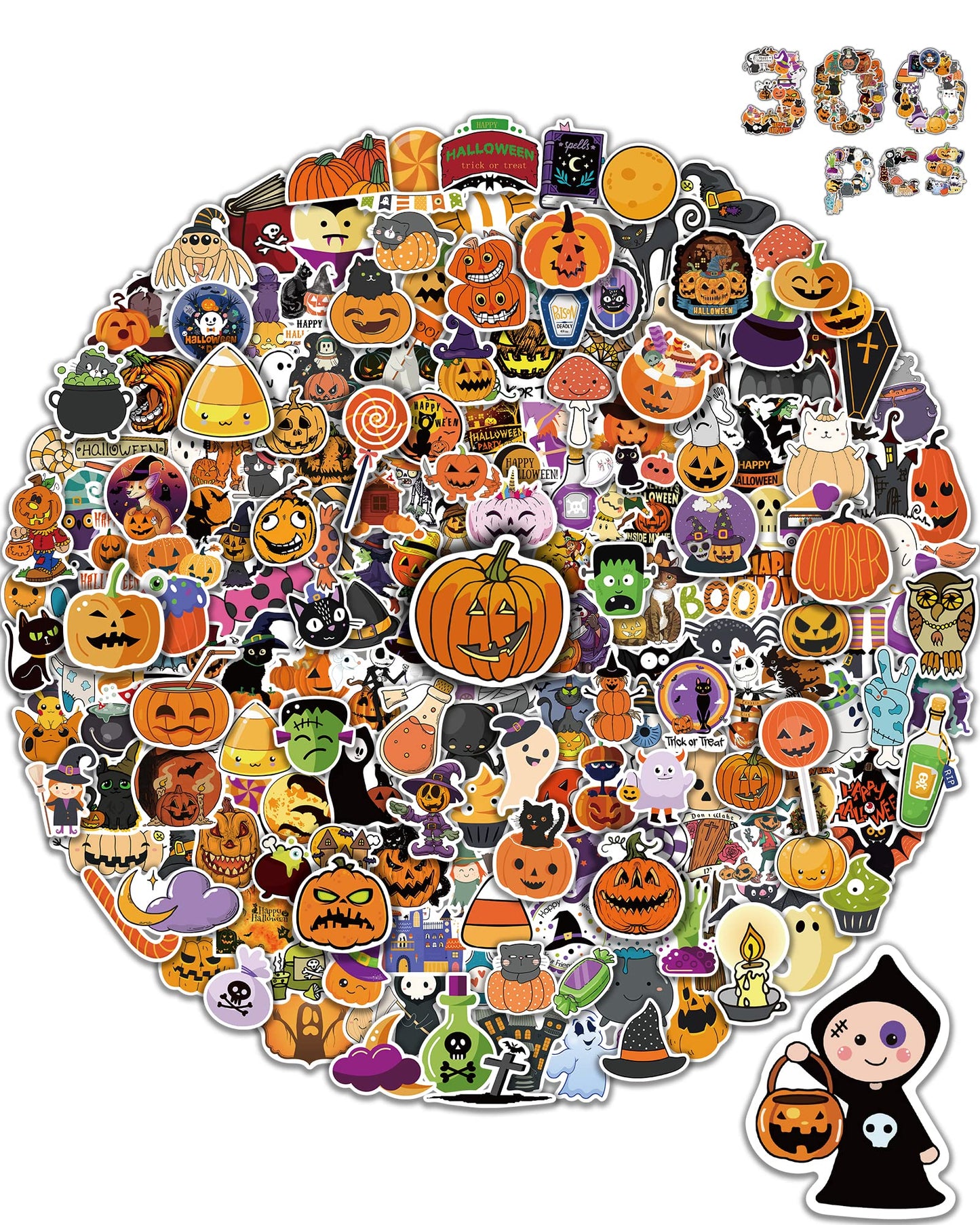 Benresive 300 Pcs Halloween Stickers for Kids - Bulk Halloween Crafts Party Favors, Goody Bag Stuffers, Waterproof Vinyl Laptop & Water Bottle Stickers