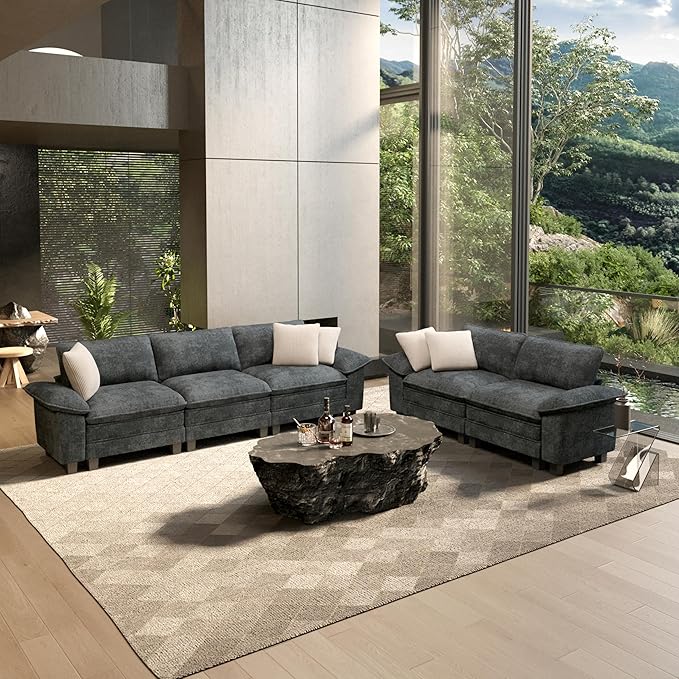 HERA'S HOUSE 2 Pieces Modular Sectional Sofa Sets, Oversized Couch Set with Loveseats, Comfy Cloud Couches with Throw Pillows, 5-Seater Deep Seat Sofa for Living Room, Chenille Blue