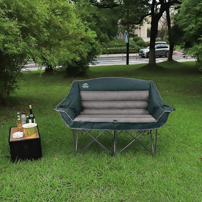 LANMOUNTAIN Fully Padded Folding Double Camping Chairs,Comfy Oversized Loveseat Lawn Chair w/Wine Glass Holder,Cup Holder,Heavy Duty Outdoor Portable Camp Couch Support 600 Lbs,Dark Green