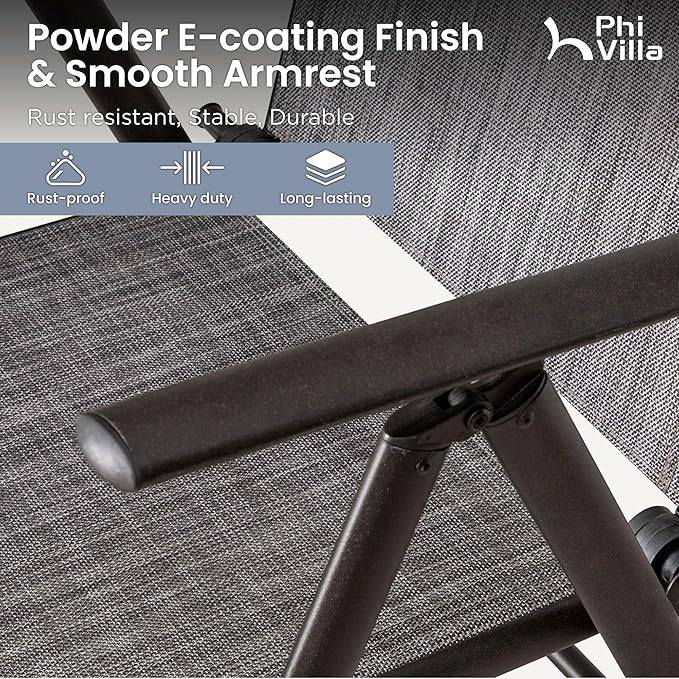 PHI VILLA Patio Folding Chairs Set of 4, Portable Outdoor Dining Chairs with Adjustable Backrest for Outside, Garden, Lawn & Yard, No Assembly, Grey
