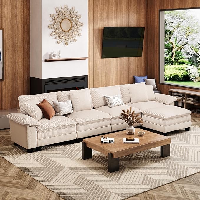 MIXPATIO 157-Inch L Shaped Sectional Sofa with Cloud Cushions, Deep Seat Modular Couch Set w/ 5 Seats & 1 Ottomans, Plush Chenille & Corduroy Upholstery for Living Room, Apartment - Beige