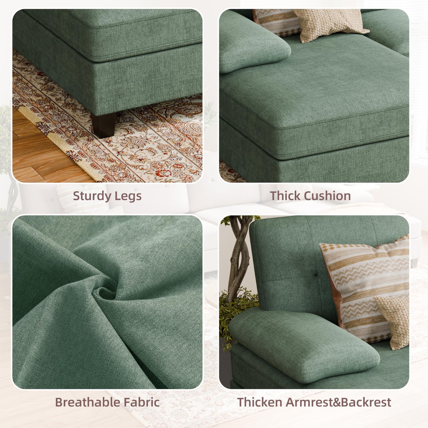 Shintenchi U-Shaped Sectional Couches for Living Room, 4 Seat Sofa with Double Chaise Lounges,Solid Wood Frame Sectional Sofa for Apartment,Green