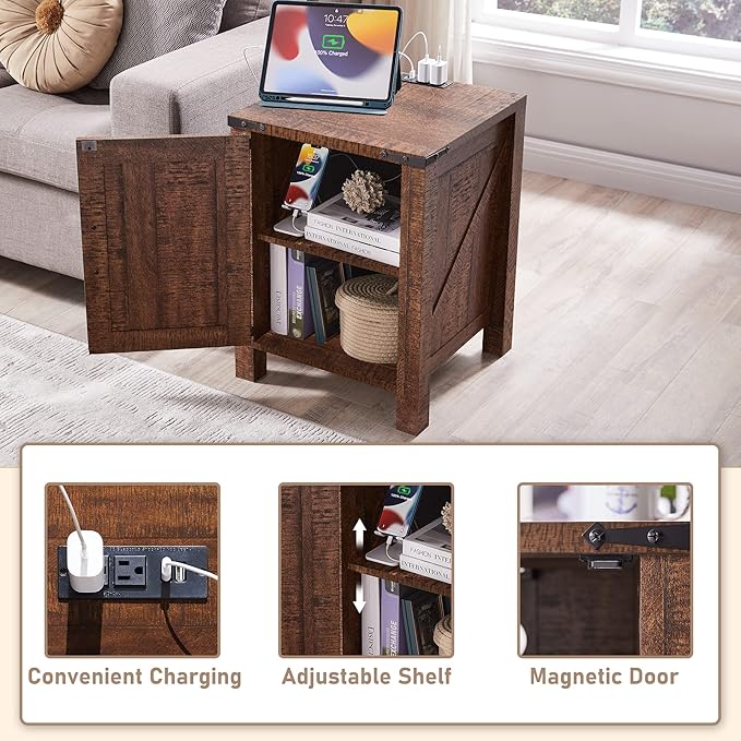 OKD Nightstand w/Charging Station, 18 Inch Farmhouse End Table w/Barn Door and Adjustable Storage Shelf, Rustic Wood Sofa Side Table w/Magnetic Door for Living Room, Bedroom, Reclaimed Barnwood Color