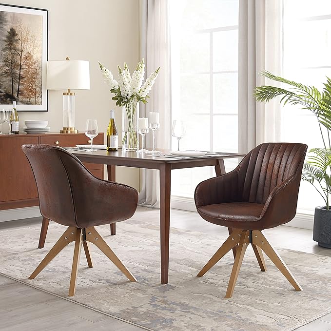 Art Leon Dining Chair, Mid Century Modern Suede Upholstered Swivel Dining Room Chair with Wood Legs, Leisure Side Chair with Arms for Living Room, Mocha