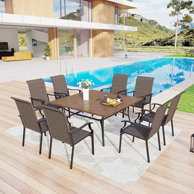 MFSTUDIO Patio Rattan Chairs Set of 8, Wicker Outdoor Dining Chairs Set of 8, All Weather Patio Armchairs w/Armrests, Steel Frame, Brown, 330lbs