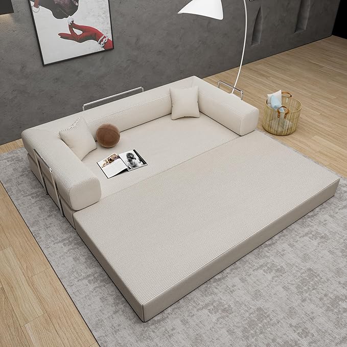 Convertible Couch Sofa Bed Foldable Floor Sleeper | Upgraded ALL High-Density 35D Foam | Fold Out Deep Seat Couch | King Size | Compression Sofa Sleeper for Living Room, Bedroom | Corduroy Beige