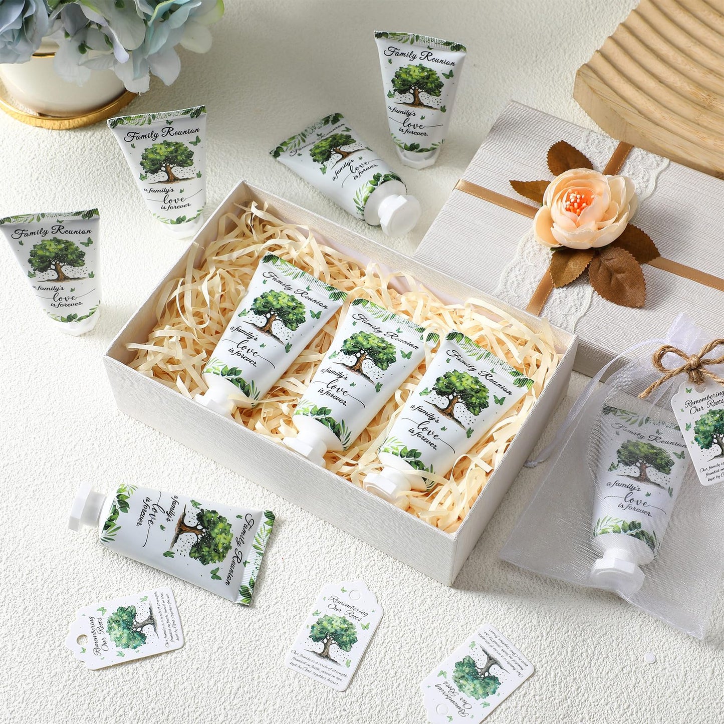 Dansib 20 Sets Family Reunion Favors Hand Lotion Cream Gifts Bulk Family Reunion Game Decorations with Card Organza Bags for Tab