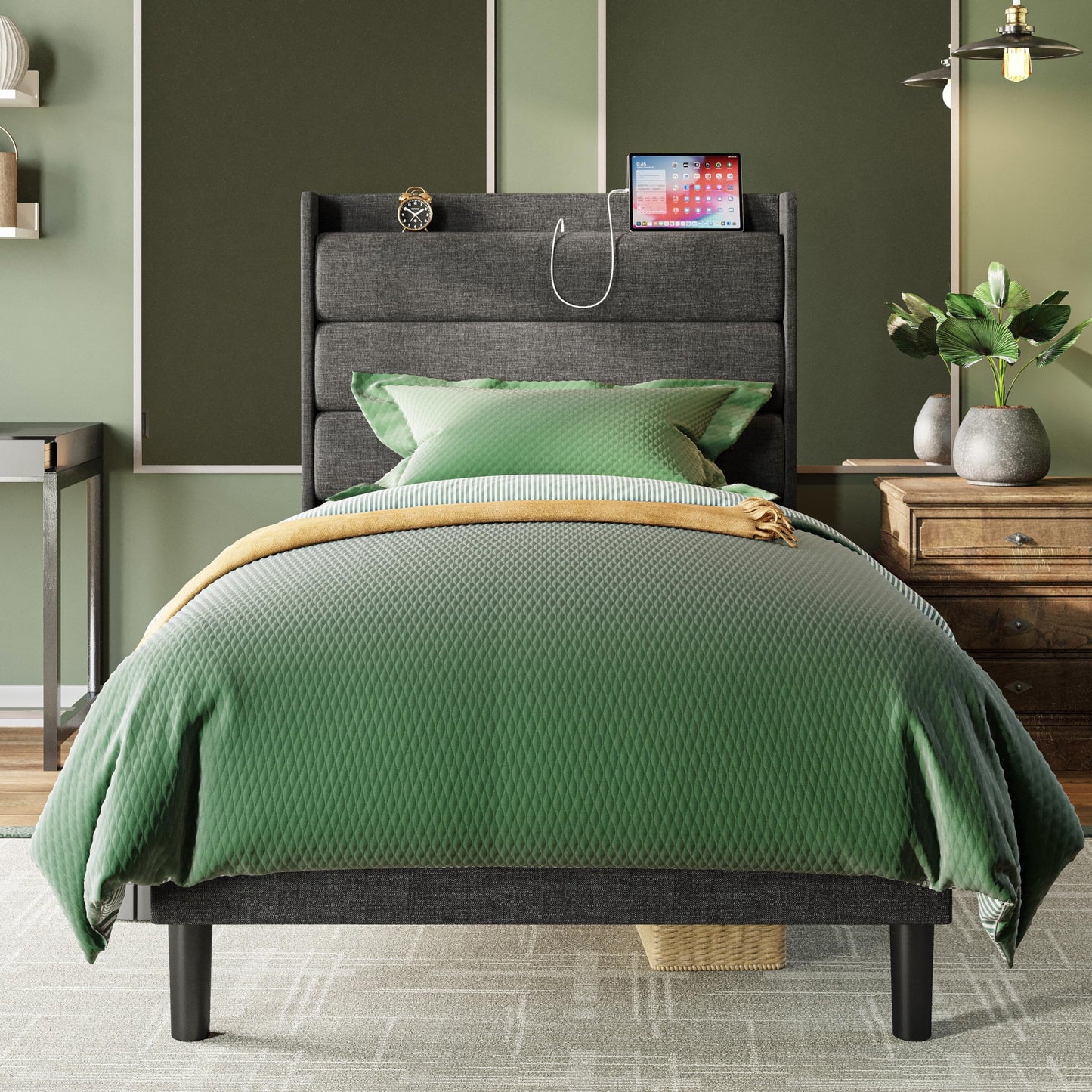 LIKIMIO Twin XL Bed Frames, Storage Headboard with Outlets, Sturdy and Stable, No Noise, No Box Springs Needed, Dark Gray