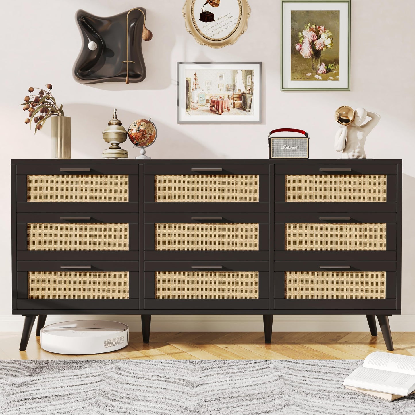 Rovaurx 9 Drawer Double Dresser for Bedroom, Rattan Chest of Dressers, Modern Wooden Dresser Chest with Golden Handles, Beside Table for Closet, Living Room and Entryway, Black and Natural