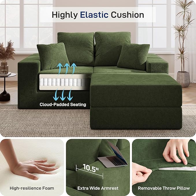 Cloud Modular Sectional Sofa, Comfy Boneless Couch for Living Room, Modern L-Shaped Couch with Reversible Chaise, Customizable Sleeper Sofa with Non Slip, No Assembly & Deep Seat, Green
